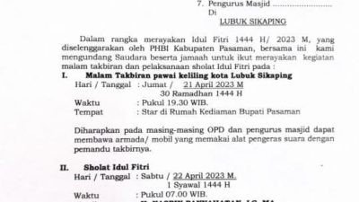 Pemkab Pasaman Laksanakan Sholat Idul Fitri 2023 Hari Sabtu 22 April
