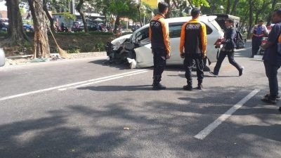 Pengemudi Avanza Diduga Mengantuk, Mobilnya Ringsek Usai Seruduk Pohon di Surabaya