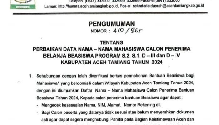 Cek Sekarang, Pemkab Aceh Tamiang Revisi Nama Mahasiswa Calon Penerima Beasiswa Tahun 2024